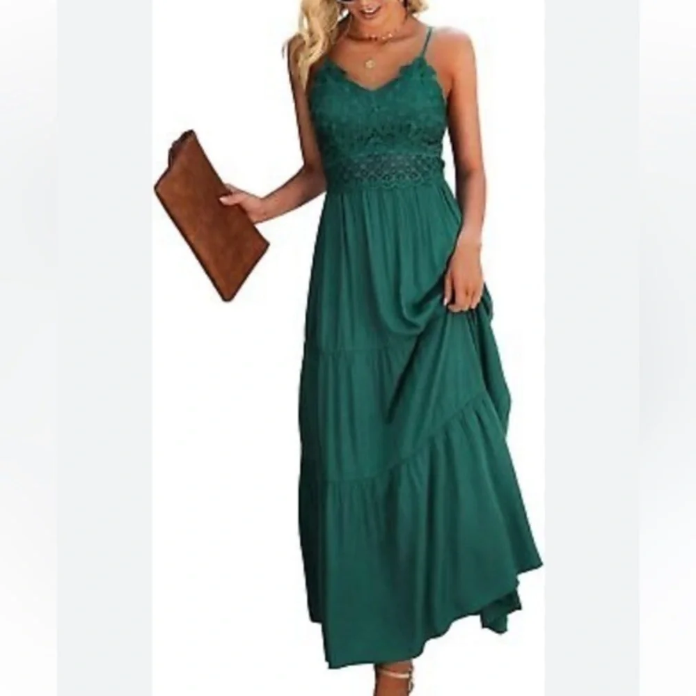 Dokuritu Beach Crochet Lace Green Maxi Dress Strappy‎ Summer Women’s Small NWT